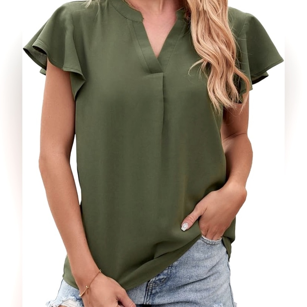 Calvin Klein Olive Green V- Neck Ruffle Flutter Sleeve Blouse Top